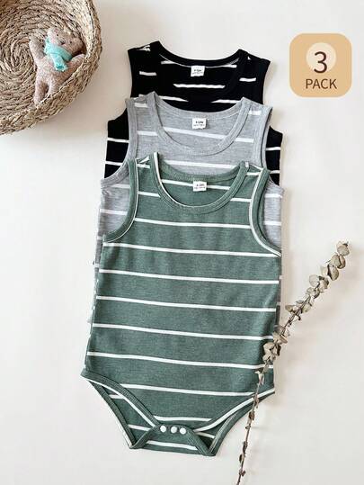 SHEIN 3pcs Baby Boy Casual Classic Striped Soft Knit Sleeveless Bodysuit, Black, Gray And Green, Suitable For Spring/Summer, Outdoor, Home, Comfortable Daily Wear, Soft Suitable For Summer Occasions