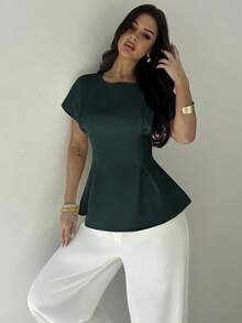 Firerie 女士优雅通勤度假复古风毕业季日常百搭杏黄色竹纹面料圆领短袖收腰X型设计常规衬衫，夏季 - 墨綠色 - 查看 4