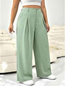 SHEIN EZwear 大码纯色纽扣休闲阔腿裤，适合毕业季、返校季、教师等场合，秋冬季女装 - 薄荷綠 - 查看 1