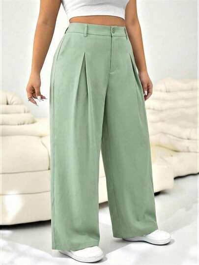 SHEIN EZwear Plus Size Solid Color Button Casual Wide Leg Pants Graduation, Back To School, Teacher Outfits For Women In Fall/Winter