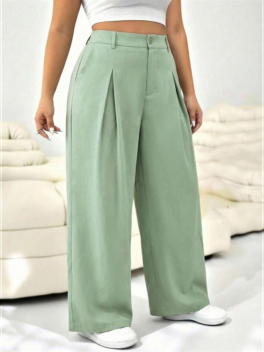 SHEIN EZwear 大码纯色纽扣休闲阔腿裤，适合毕业季、返校季、教师等场合，秋冬季女装 - 薄荷綠 - 查看 1