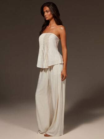 Athîral 2pcs Women Summer Casual Solid Color Bandeau Top And Pants Set