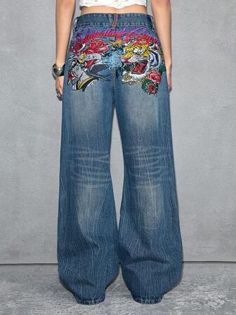 J-Fashion Nouveaux jeans femme à taille basse de style chinois avec figure de tigre et de geisha, broderie anglaise, style rétro pour l'automne/hiver