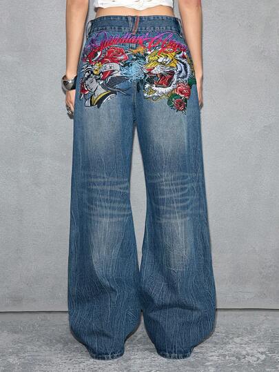 J-Fashion Autumn/Winter New Chinese Style Tiger Head Geisha Figure English Embroidery Low Waist Retro Women Jeans