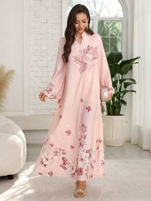 Al Najma 女士花卉图案水钻装饰优雅长袖阿拉伯风格连衣裙 - 粉色 - 查看 5