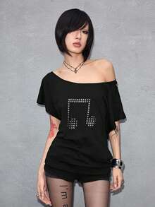 ROMWE Grunge Punk Áo thun dáng rộng, thiết kế đinh tán hình chữ thập phong cách Y2K Punk, cắt laser, màu trơn, đa năng. - màu đen - Xem 5