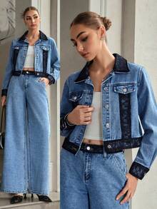 Selenza 女士时尚通勤撞色蕾丝牛仔夹克 - 藍色 - 查看 1