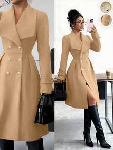 SHEIN Elenzya Áo khoác nữ hai hàng cúc, ve áo bằng chất liệu len pha, kiểu dáng thanh lịch, thường ngày, phù hợp đi làm, công sở, hẹn hò lãng mạn, dự tiệc Giáng sinh, màu đỏ tía, Thu/Đông, - Màu Khaki - Xem 3