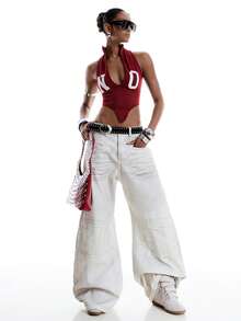 LYSMO 女士字母印花深V不对称下摆修身露脐性感吊带背心 - 酒紅色 - 查看 7