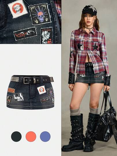 Grunge Punk Vintage Punk Embroidered Distressed Low Waist Tight Mini Denim Skirt