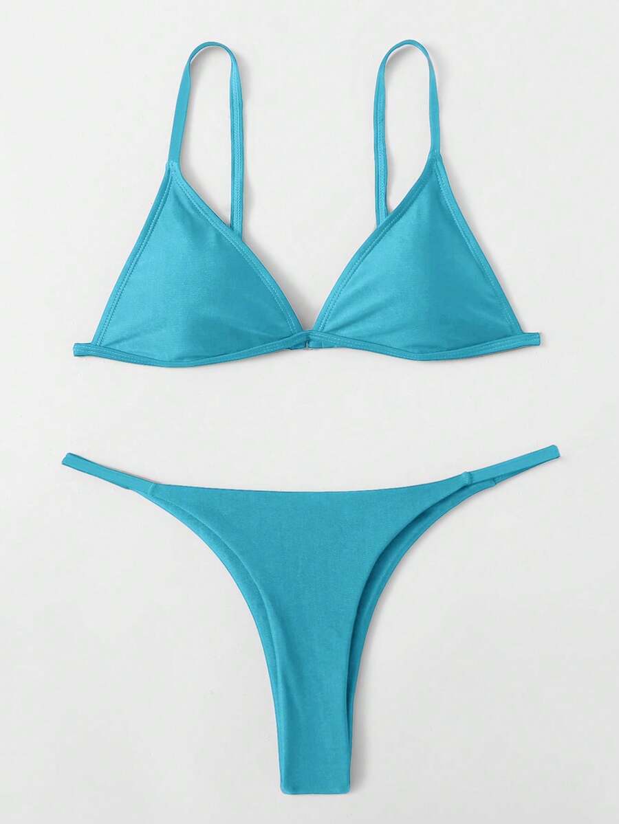 SHEIN Swim Women's Solid Color Sexy Bikini Swimsuit Set, Summer Beach - Mint Blue - View 1