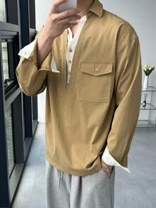 DAZY Áo sơ mi nam màu kaki phối trắng, 2 trong 1, thích hợp cho mùa xuân/thu. - Màu Khaki - Xem 3