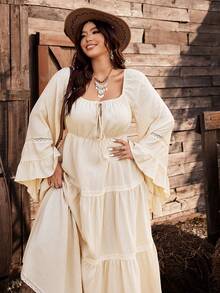 Ceyna Vestido elegante y elaborado de estilo francés para resort en talla grande color albaricoque - Albaricoque - Ver 5