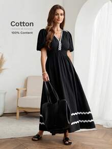 Easowa V领泡泡袖撞色滚边荷叶边下摆松紧腰A字伞裙短袖休闲棉质连衣裙，优雅通勤风，春夏款 - 黑色 - 查看 5