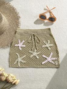 Soleia 女士性感沙滩度假风海星钩编抽绳腰比基尼泳裤 - 卡其色 - 查看 3