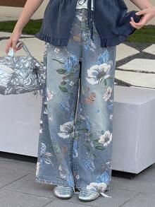 DAZY Tween Girls' Casual Floral Print Loose Wide Leg Jeans - Blue - View 6