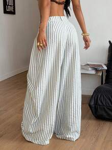 Coolane 女士夏季复古休闲嬉皮街头风超大蓝色条纹纹理阔腿裤 女士夏季休闲条纹裤 - 藍色 - 查看 3