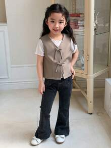 DAZY 女童（小号）无袖薄款背心外套 - 卡其色 - 查看 3