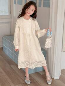 DAZY Tween Girls Lace Round Neck Long Sleeve Loose Dress - Beige - View 8