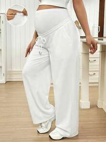 SHEIN Maternity Solid Color Drawstring Adjustable Waist Casual Wide Leg Pants - White - View 1
