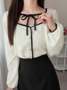 FRIFUL Women's Lace Contrast Trim Tie Front Bow Decor Loose Sweet Blouse - Apricot - View 4