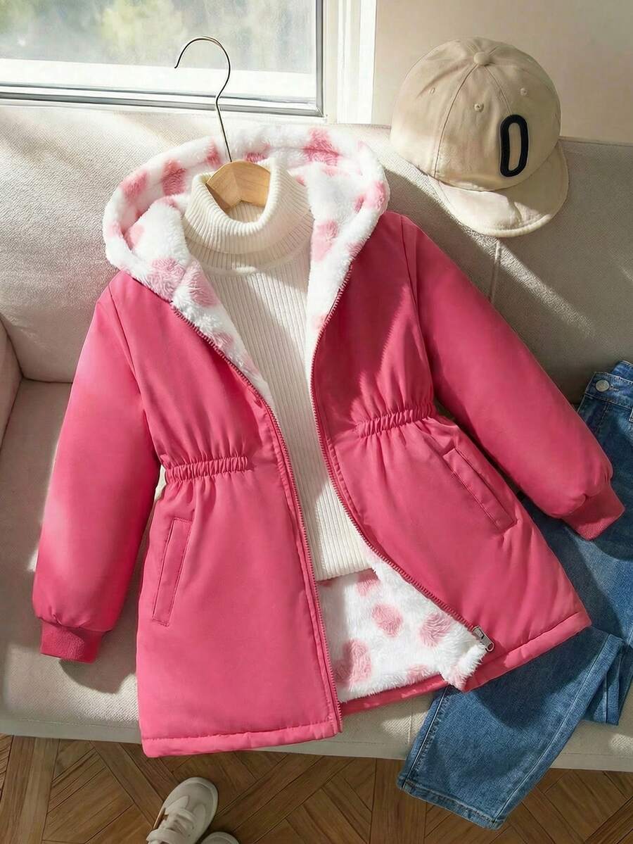 少女休闲可爱纯色梭织收腰连帽长袖双面穿羊羔绒保暖外套，秋冬季 - 粉色 - 查看 1