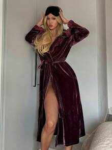 DAZY Women's Long Velvet Lace Trim Robe Loungewear Jacket, Autumn/Winter - Burgundy - View 6