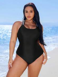 Swim SPRTY Plus Size Women's Solid Color Sports Style One-Piece Swimsuit - Black - View 3