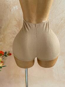 Soleia 女士度假白色针织纹理波浪图案深V领露背性感连体衣，时尚修身，适合派对、约会、下午茶、波西米亚风度假、海滩、夏季穿着 - 卡其色 - 查看 12