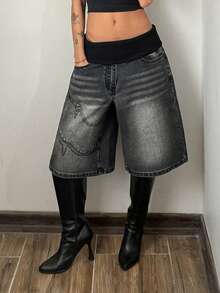 StreetHx Women's Fashionable Summer Washed Fold-Over Waist Loose Denim Shorts - Black - View 4