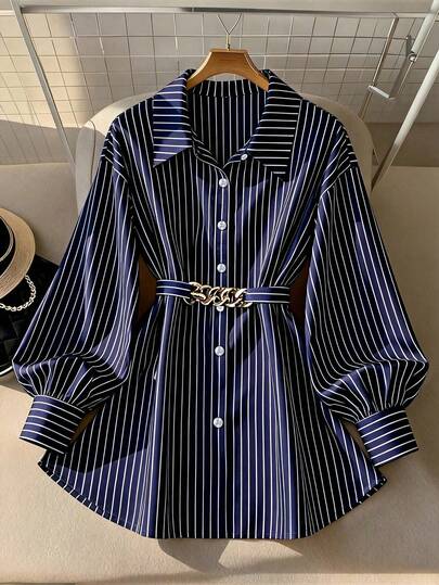 SHEIN PETITE CURVE Plus Size Women Elegant Navy Blue Striped Commuter Shirt With Metal Button Decor, Long Sleeve, Satin Fabric, Slim Fit, Concealing Belly Design, Fashion Vintage Style Shirt Suitable For Back To School, Graduation, Valentine's Day, Music Festival, Mother's Day, Halloween, Thanksgiving, Easter, National Day, Gala, Date, Party, Wedding, Outdoor Activities Stripe Shirt Blue Striped Shirt Belted Stripe Blue Striped Dress Women Shirt Dress