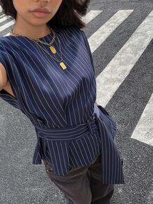 Siren Gaze Women's Navy Blue Striped Asymmetric Short Sleeve Blouse, Elegant Office Lady Waist Cinching Shirt Blue Pinstripe Shirt Navy Striped Top Cinched Waist Blouse - Navy Blue - View 6