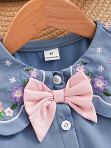 1 pieza Vestido para niñas jóvenes con cuello Peter Pan, bordado floral, mangas abullonadas y lazo azul, vestido de princesa de verano para el 7º cumpleaños, a juego con la familia, lindo y casual para primavera - Azul - Ver 7