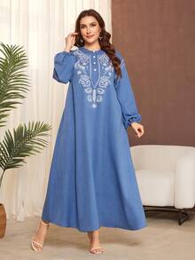 Lacomfia 蓝色刺绣连衣裙，立领泡泡袖宽松版型，休闲大码连衣裙 - 藍色 - 查看 6