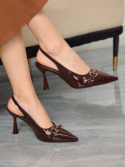 Sleekvia Women's Pointed Toe Stiletto High Heel Burgundy Backstrap Minimalist Commuter Vintage Metal Buckle Daily Versatile Mule Pumps Valentine's Day