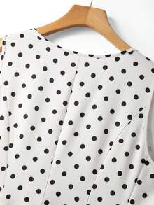GlowEve CURVE Vintage Cream White & Black Polka Dot Sleeveless Deep V-Neck Metal Button Flared Hem Plus Size Dress - Apricot - View 7