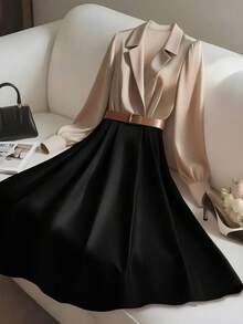 GlowEve 女士撞色拼接设计A字腰身优雅日常通勤时尚法式街头复古百搭假日商务长袖衬衫裙，秋冬款 - 彩色 - 查看 3