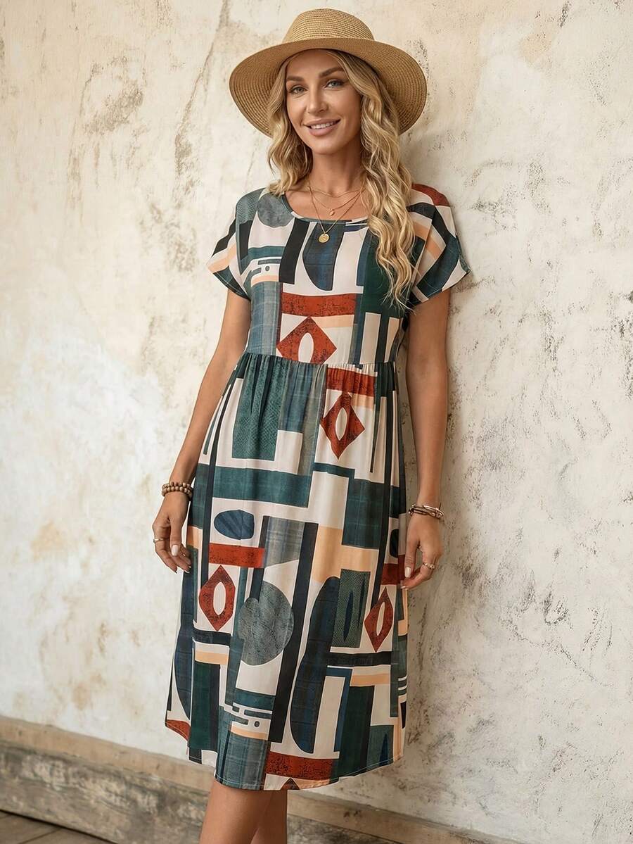 Faunlyn 女士中长休闲连衣裙，简约时尚，适合日常穿着 - 彩色 - 查看 1