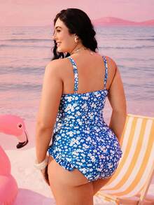 Swim Mod 大码连体泳衣，格子草莓印花，可调节肩带，系带腰身，适合海滩和泳池穿着 - 彩色 - 查看 2