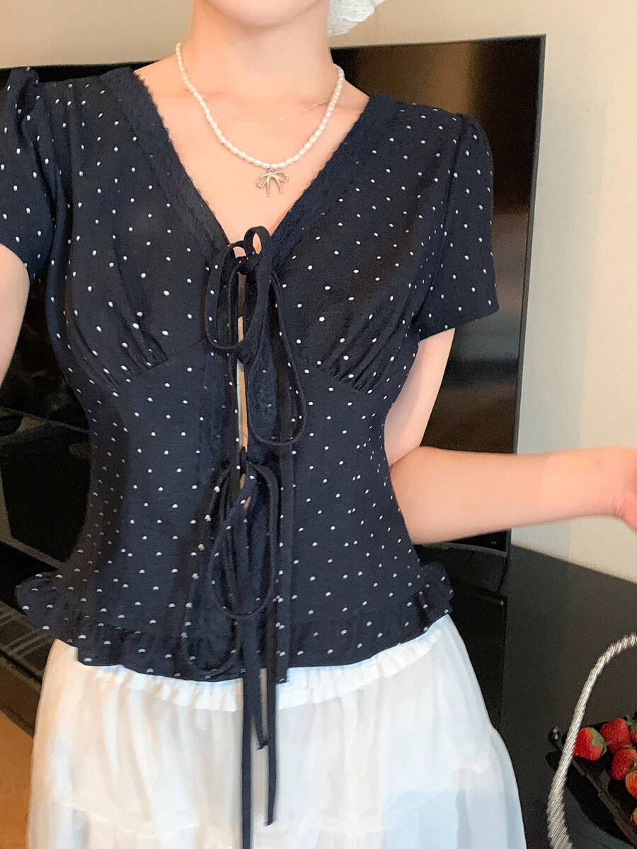 DAZY Women's Polka Dot V-Neck Tie Front Casual Commute Short Sleeve Blouse - Black - View 1
