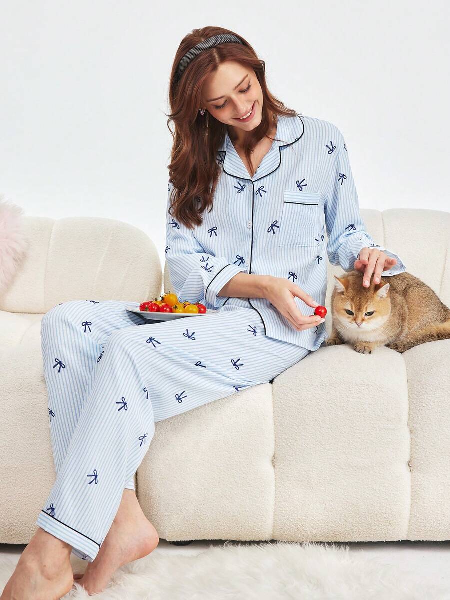 Bonmuse 2 件套条纹蝴蝶结印花睡衣套装，长袖翻领上衣和蝴蝶结裤子，女士睡衣家居服，秋冬秋季服装，清凉浅蓝色 - 藍色 - 查看 1