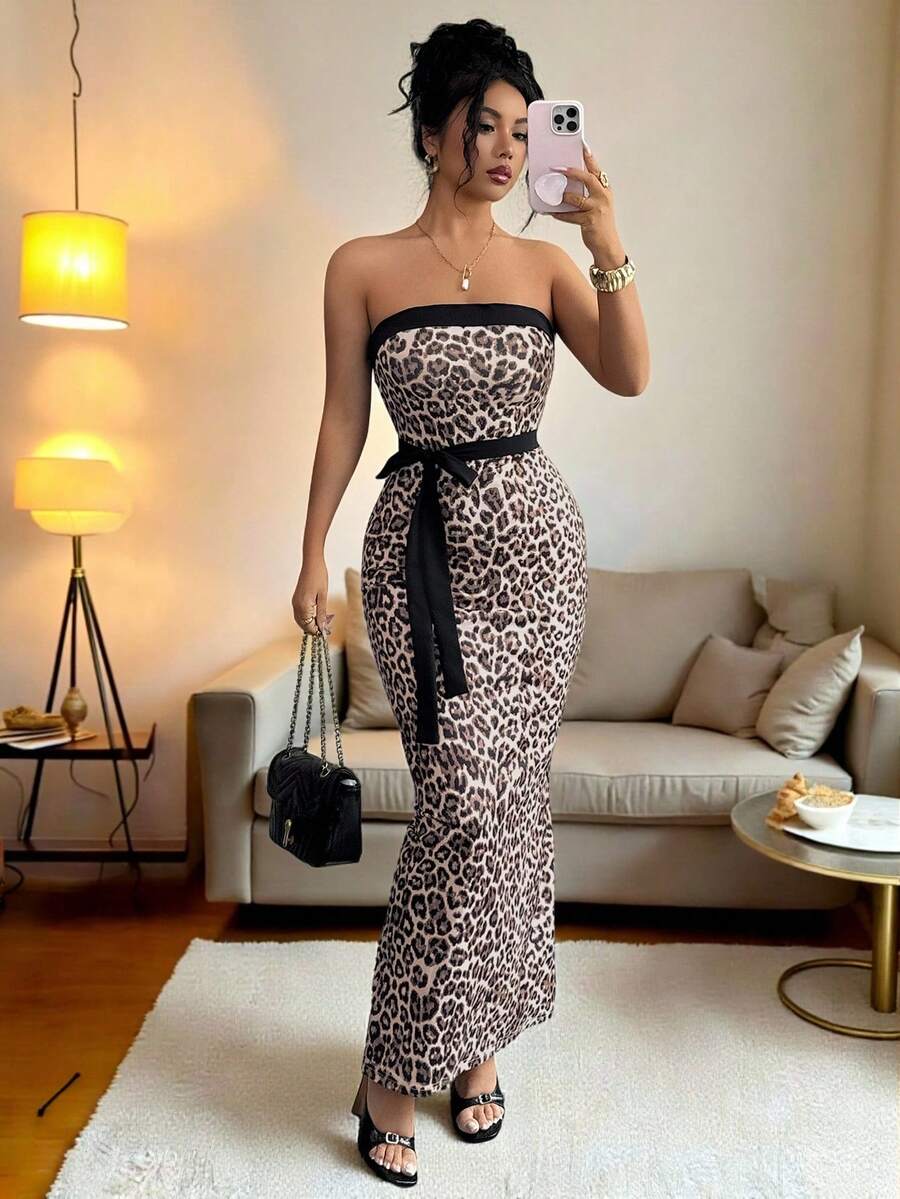 Rafferiza Women's Elegant Vacation Outing Date Leopard Print Bodycon Tube Dress, Spring/Summer - Multicolor - View 1