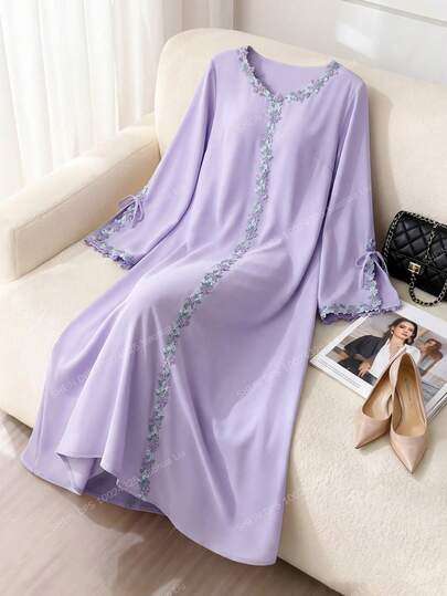 Al Najma Plus Size Women's Applique Flare Sleeve Open Slit Tie Waist Casual Vacation Party Arabic Style Dress Kaftan Jalabiya Dress Butterfly Abaya