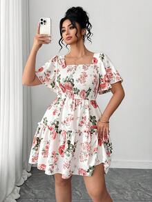 SHEIN PETITE CURVE Plus Size Floral Print Ruffle Sleeve Short Swing Dress Floral Dress Women Elegant Short Sleeve Summer Dress - White - View 4