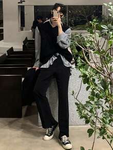 DAZY 男士纯黑色V领针织背心，适合通勤，春夏穿着 - 黑色 - 查看 3