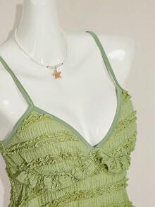 Sweetina 纯色荷叶边休闲吊带背心，提花面料 - 綠色 - 查看 9