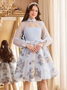 SHEIN 2件套少女优雅提花拼接欧根纱领罩衫及蝴蝶装饰吊带裙 - 淺藍色 - 查看 5