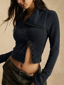 Easelle Áo thun đen ôm dáng, khóa kéo, đính đinh tán, vai lệch, ve áo bất đối xứng, phong cách du mục cổ điển dành cho nữ, thích hợp cho mùa xuân/hè. - màu đen - Xem 5