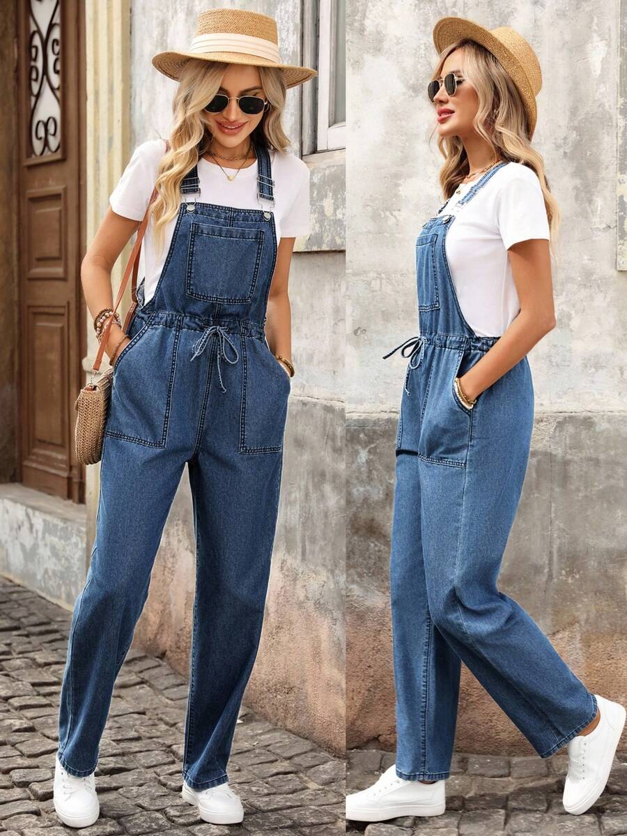 EMERY ROSE Women's Waist Tie Pocket Casual Denim Bib Pants - Medium Wash - View 1