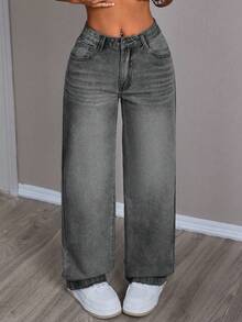 SHEIN PETITE Solid Color Slant Pocket Casual Versatile Straight Leg Jeans - Grey - View 3